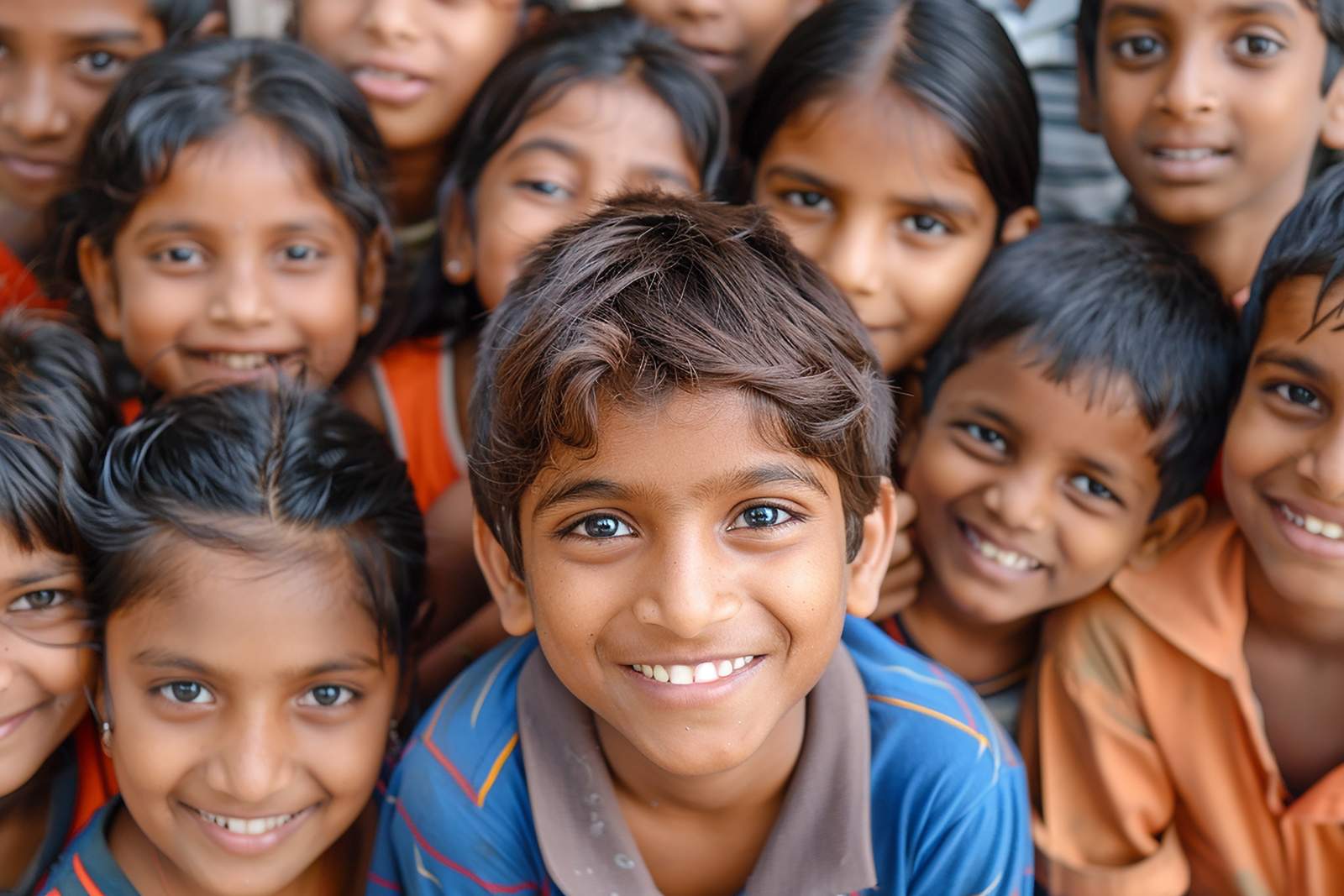 A group of children standing close together, laughing
