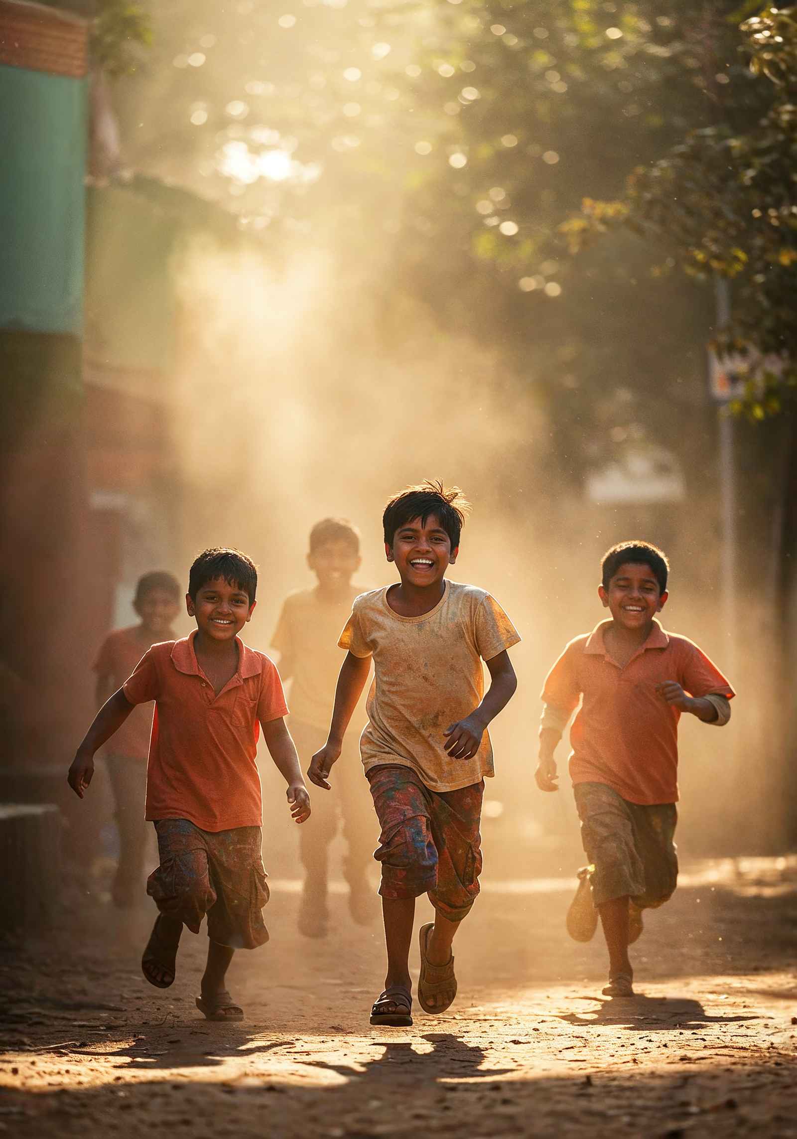 Children running together down a tree-lined lane in the late afternoon
