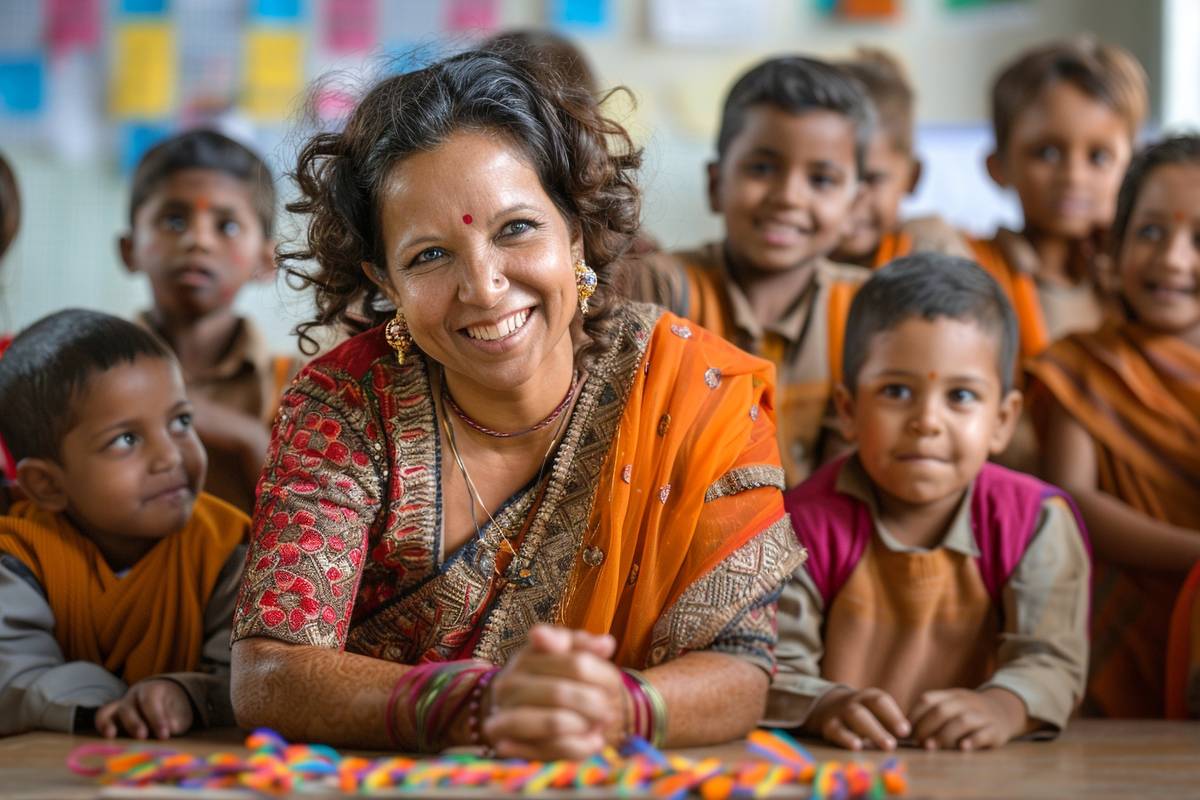 A teacher working with young children around a low table in a classroom