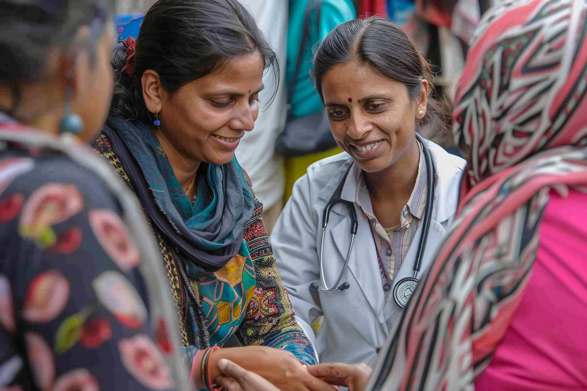 Two community health workers talking with women at a local health session