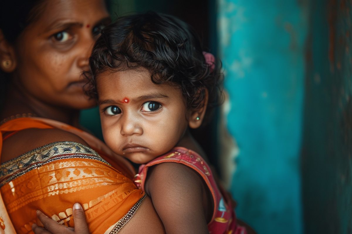 A mother and her small child at home